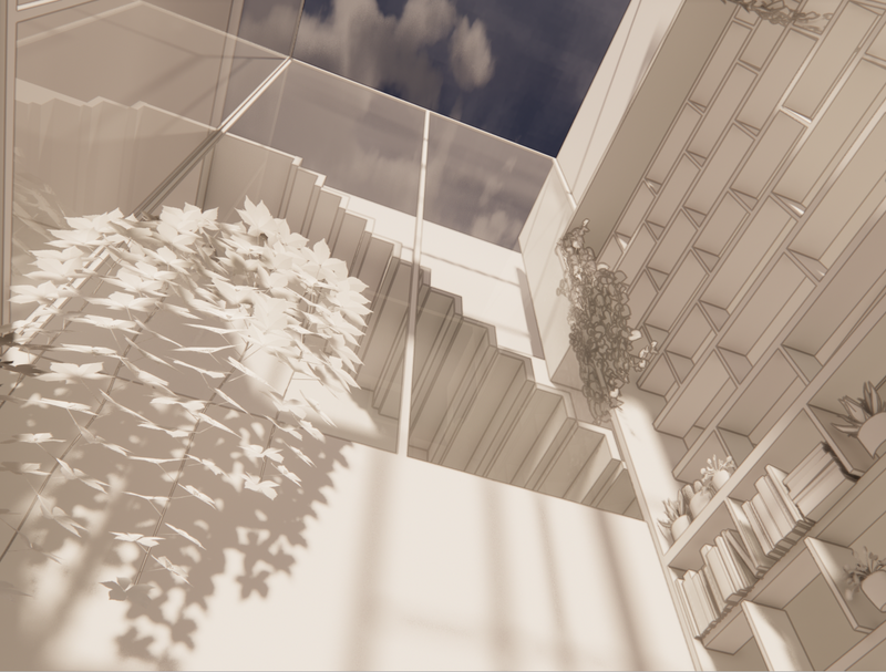 Rendu 3D d'un espace de vie lumineux avec végétation