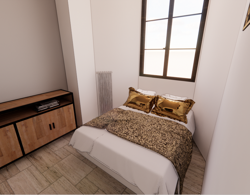 Rendu 3D d'un salon contemporain avec jeux de lumière